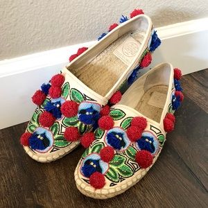 Tory Burch Ellis Pom-Pom Embroidered Espadrille Flats
